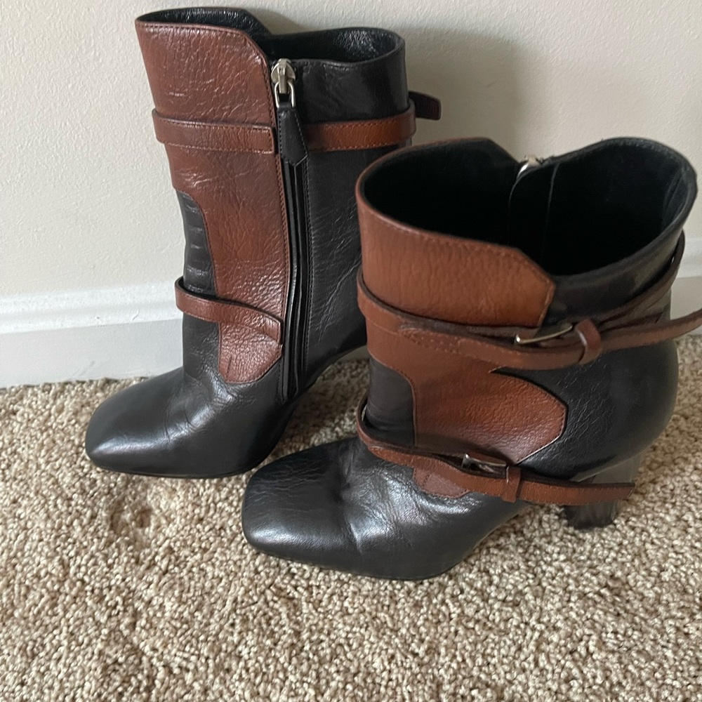Prada brown and black leather ankle buckle design booties - Picture 3 of 5